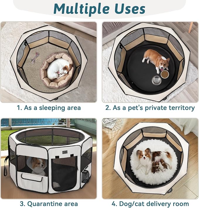 PETSFIT Portable Dog Playpen 45", Removable Waterproof Mat, Zippered Roof | Jump-proof, Collapsible Storage, RV Camping Travel, Indoor Outdoor Use, Large Dogs and Cats, 45.5"L x 45.5"W x 28.5"H