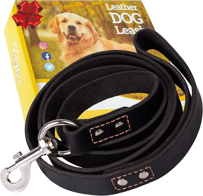 ADITYNA Black Leather Dog Leash for Large & Extra-Large Dogs, 6ft x 1" | Soft yet strong leather leash for walking, training, hiking — great for Great Dane, Rottweiler, Cane Corso, Mastiff.