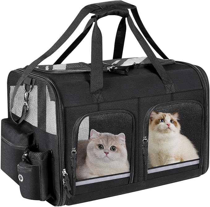 Cat Carrier for 2 Cats, Foldable Double Cat and Dog Carrier, Small to Medium Size, 2 Front Zippered Compartments,Two Pets Carrier for Outdoor Travel,Mulitple Cat Carrier (Black)