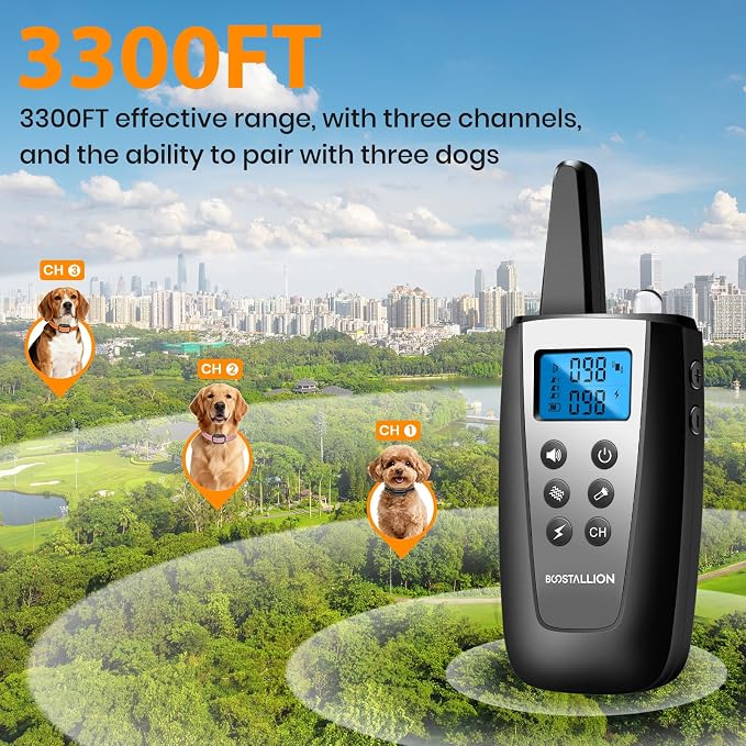 BOOSTALLION 3 - Dog Shock Collar with Remote Control | 3300FT Distance, IPX7 Waterproof, Beep, Vibration (1–100), Safe Shock (1–100), Shock Collar for Dogs for S, M, L (10–120 Lbs）