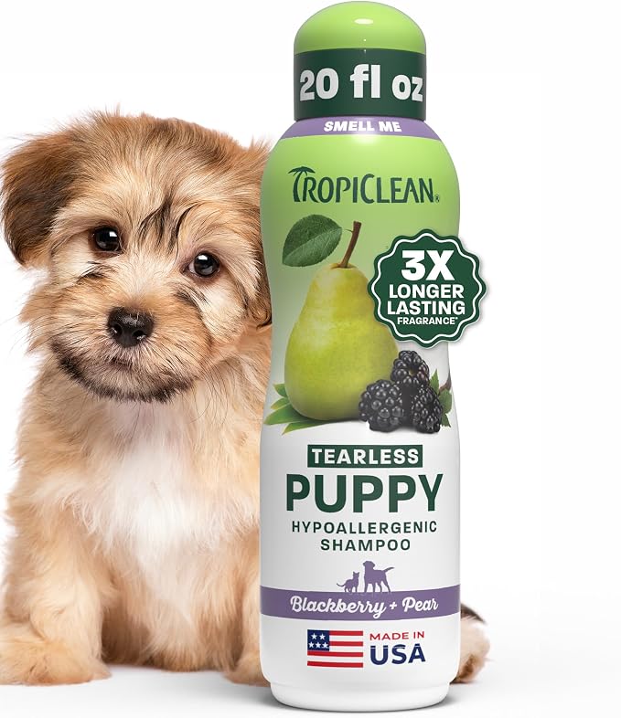 TropiClean Tearless Puppy Shampoo, 3X Long-Lasting BlackBerry Pear Scent, Hypoallergenic Dog Shampoo, Made in the USA, Cat & Kitten Friendly, 20 oz