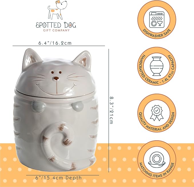 SPOTTED DOG GIFT COMPANY Ceramic Cookie Jar with Lid, Large Cat Treat Container for Cookies & Biscuits, Cute Novelty Kitchen Storage for Countertop, Gifts for Cat Lovers - 47oz Gray