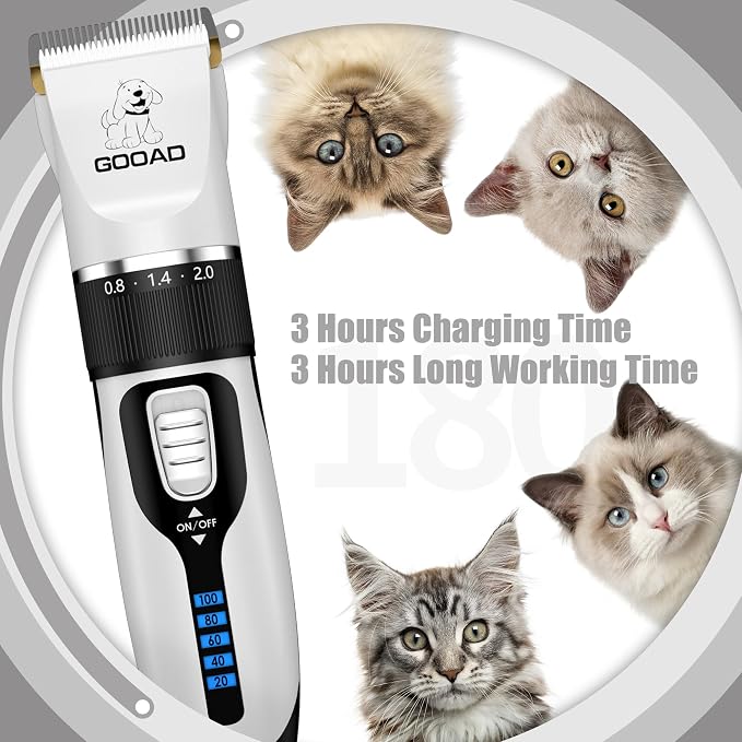 Quiet Cat Clippers & Cat Grooming Kit for Matted & Long Hair | 250Min Cordless Pet Shaver, Low Noise Pet Hair Trimmer for Grooming,2in1 Wide & Narrow Blades,4 Combs,Scissors & Glove(White)