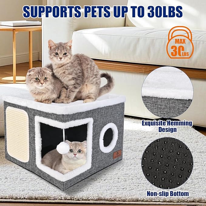 Cat Beds for Indoor Cats, Large Cat Cave Bed with Scratch Pad and Fluffy Ball, Foldable Cat Hideaway, Cat House with Reversible Cushion for Multi Small Pet Up to 30LBS, Grey
