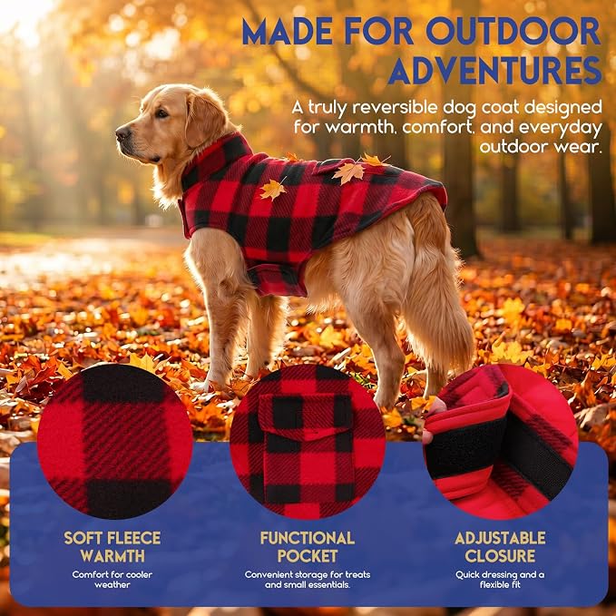 ASENKU Reversible Dog Winter Coat, Dog Jacket for Small Medium Large Dogs | Windproof Plaid Fleece Lining for Cold Weather, Water-resistant Outer Shell, Puppy Puffer Vest with Leash Hole, Red XL