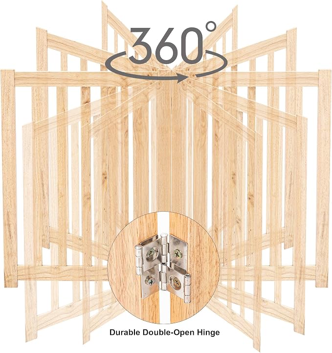 LZRS Wooden Free Standing Dog Gate 60" W x 24" H, Foldable Solid Hardwood Pet Safety Fence for House Doorways, Stairs, Hallways, Step-Over Pet Barrier, No Drill Easy Setup, Natural