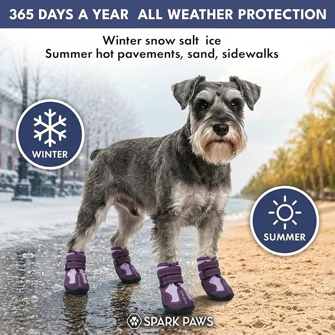 Spark Paws 365 Dog Shoes - All-Season Boots for Winter Snow & Hot Pavement | Water-resistant, anti-slip, stay-on straps - rain, ice & summer booties in one. Reflective; small, medium & large dogs