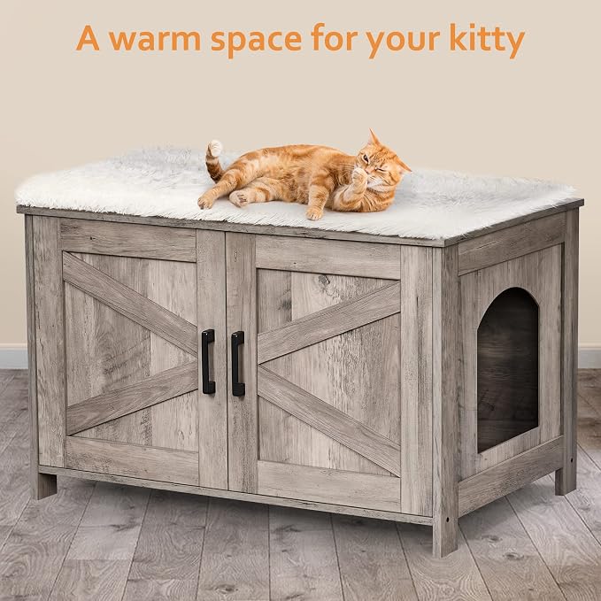 Homhedy 31.5" L Cat Litter Box Enclosure with Barn Door, Greige | Wooden Cat Washroom Furniture, Cat House, Pet Storage Cabinet, Dog-Proof, Fit Most of Litter Box, Farmhouse Style