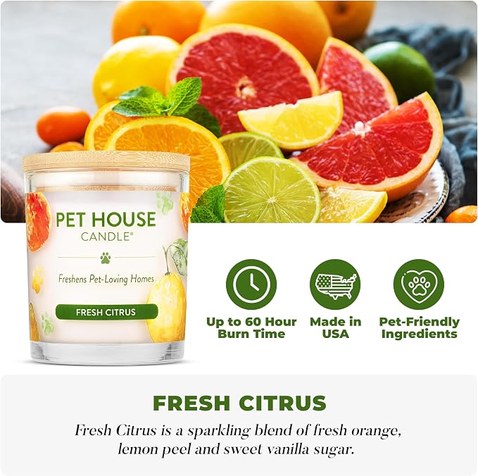 Pet House Candle 2 Pack - Plant-Based/Soy - Clean Burning Scented, Long Lasting Pet Odor Candle for Home - Fresh Citrus, Lavender Green Tea