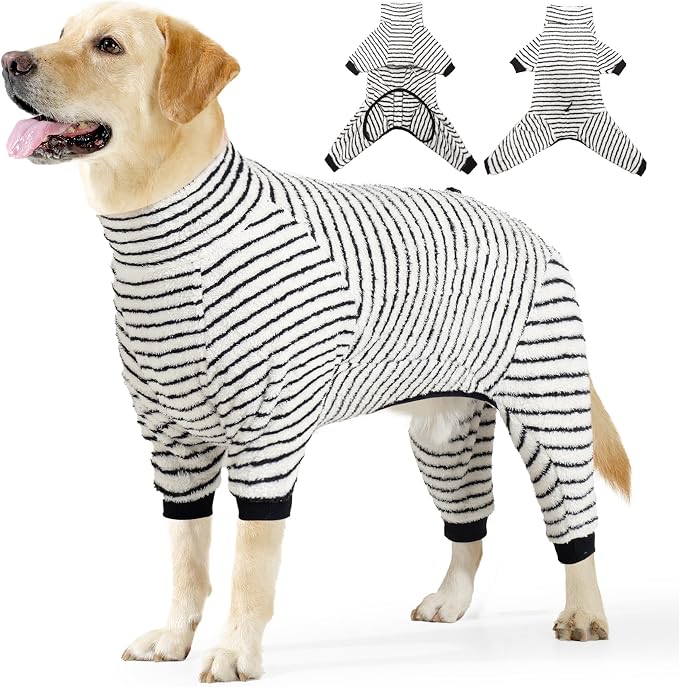 Dog Fleece Pajamas Large Dog 4 Legs Winter Clothes for Dog Fit Warm Jumpsuit for Dogs (Striped Black, Medium)