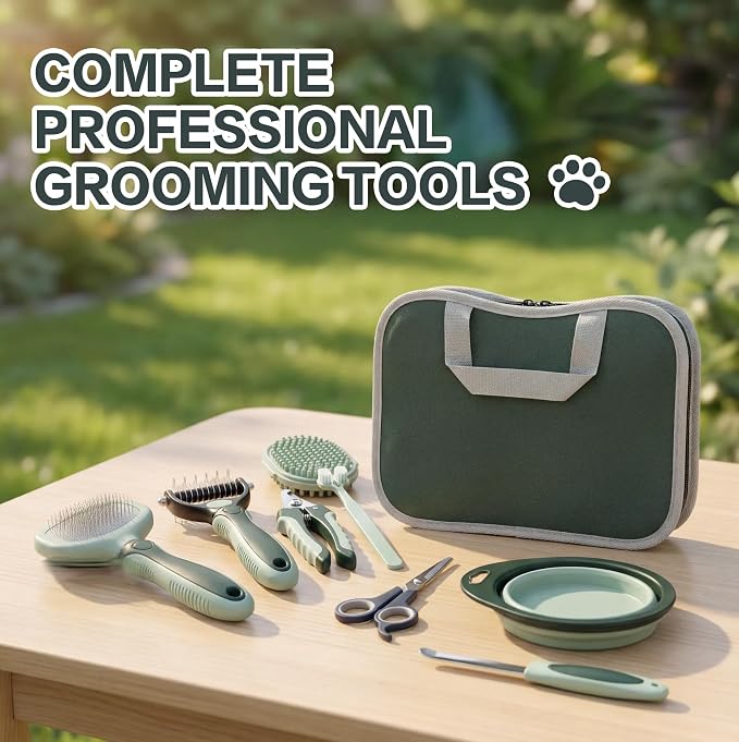 Thalirem 8-in-1 Dog Grooming Kit with Collapsible Travel Bowl | Portable grooming tools and storage bag for dogs and cats at home or outdoors