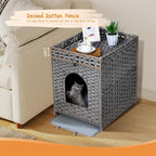 Snughome Cat Litter Box Enclosure Furniture Hidden with Cat Litter Mat, Hidden Cat Washroom Furniture with Door, Handwoven Rattan Cat Washroom Box, Indoor Pet House for Living Room, Bedroom(Grey)