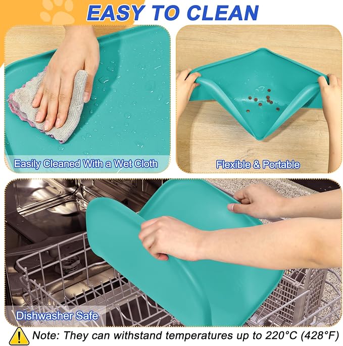 SMILOOL Silicone Pet Food Mat with Raised Edge for Food and Water Bowl, Dog Feeding Mats, Cat Food Trays for Floor Waterproof, Rubber Tray for Dogs and Cats, 19 x 12 x 0.7 Dark Turquoise