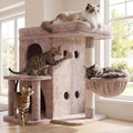 Heybly 26.3" Cat Tree for Large Cats with Big Perch & Dual Condos HCT204SMU | 26.3-inch Spacious Cat Tower with Scratching Posts, Stair-Style Cat House Furniture with Cozy Basket & Pompom, Rosy Brown