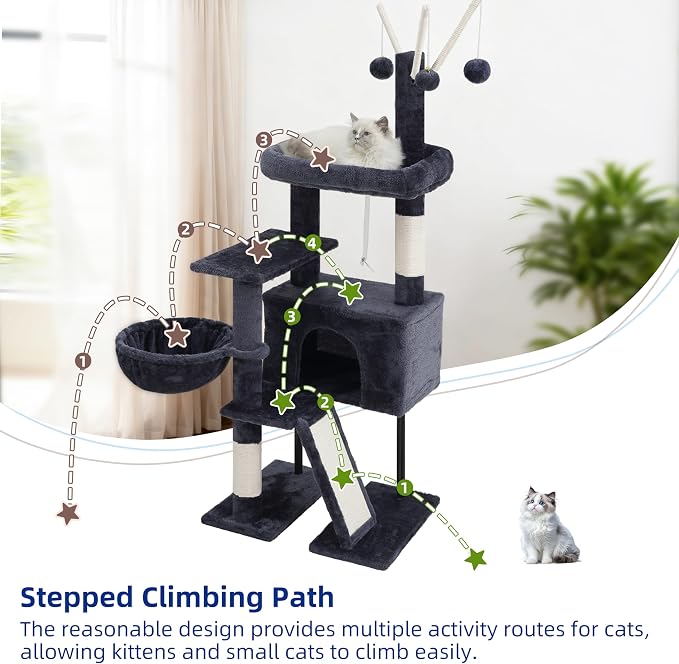 Gitelsnour Cat Tree Tower for Indoor Cats, Top Platform with Toy, GCT006SG | 49.2 inch Cat Condo House, Sturdy Base, Scratching Post & Board, 3 Balls, Hanging Basket, Small Cats and Kittens, Drak Gray