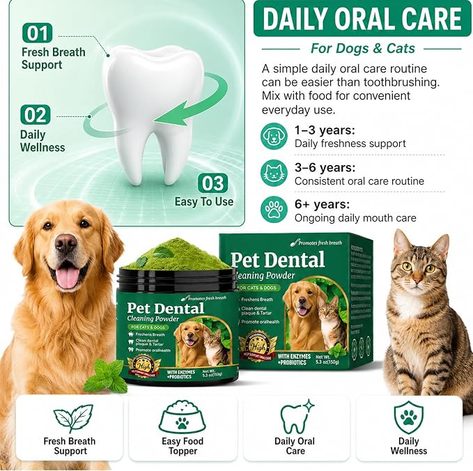 Dog Teeth Cleaning Powder – Dog Breath Freshener & Dental Care Powder – Helps Support Clean Teeth, Fresh Breath & Healthy Gums – No Brush Plaque & Tartar Support for Dogs & Cats, 150g