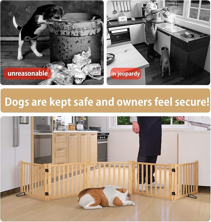 Wooden Freestanding Dog Gate Indoor- 16.9" H 5 Panels | No-Painted Foldable Dog Gates, Portable Doggy Gate for Stairs Doorways Hallways