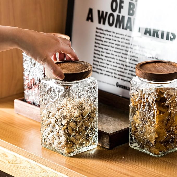 Vintage glass sealed storage jar with sealed wooden lid, Kitchen Storage glass food storage container for, coffee beans, oats, flour, cereal, food storage jar (2*plum blossom)