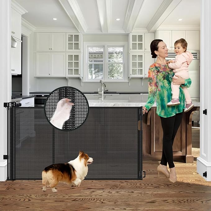 Reinforced 60" Wide Retractable Baby Gates for Dogs, Prevent Crawling Under | Space-Saving Indoor/Outdoor Retractable Gate, Easy One-Hand Operation Safety Lock, Scratch-Resistant Mesh, Easy Install/Black