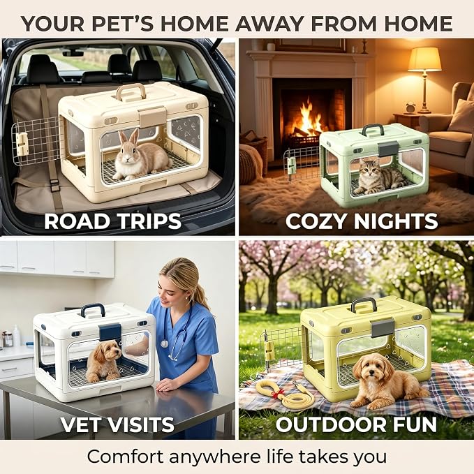 Foldable Hard Cat Carrier, Transparent Pet Crate for Cats & Small Dogs, Collapsible Travel Kennel with Ventilation & Urine Pad Mesh Grid, Portable Travel cage, Essential for pet Travel, Yellow