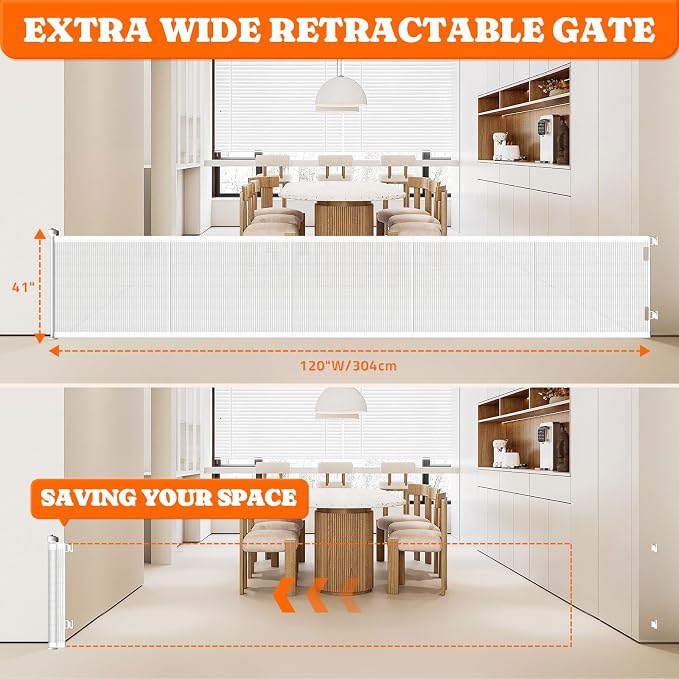 Pawtners Retractable Baby Gates Extra Wide, 41" Tall x 120" Wide, White | Dog Gate Indoor for Stairs, Pet Gate with Support Rods for Doorways Hallways Indoor & Outdoor
