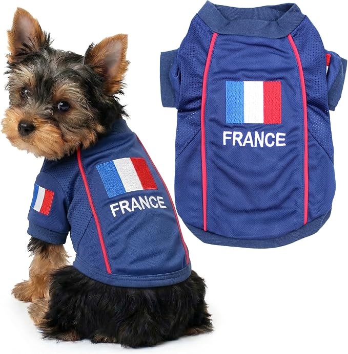 Parisian Pet Team France Dog Jersey - Breathable Mesh Puppy Football Jersey - Lightweight Stretch Sporty Dog Clothes - Summer Shirts for Small Dogs - Soccer Jersey for Dogs - Sportswear Pet Clothes
