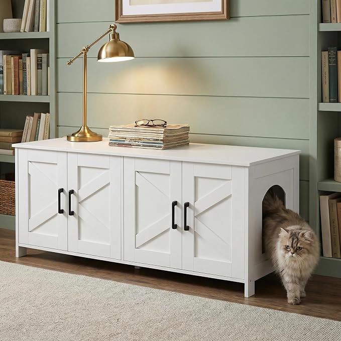 Homhedy 47.2”L Cat Litter Box Enclosure for 2 Cats, White | Wooden Litter Box Furniture Hidden with Double Room, Cat Washroom, Cat House, Dog-Proof, TV Stand,Farmhouse Style