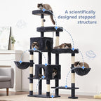 Hey-brother Cat Tree Tower with Stable Extended Base, 3 Platforms, MPJ038G | 70.9 Inches Multi-Level Sisal Scratching Posts, Wide Bed, 2 Cozy Condos, 2 Hammocks, Toy Balls for Indoor Cats, Smoky Gray