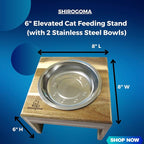 Raised Cat Bowls, 6.25 in Wide, 6" Elevated Cat Feeding Stand (with 2 Stainless Steel Bowls: 12 oz/1.5 Cup), Small Dogs, Rabbits, Anti-Vomit, Whisker Friendly, 6 x 8 x 8 in, Acacia Wood