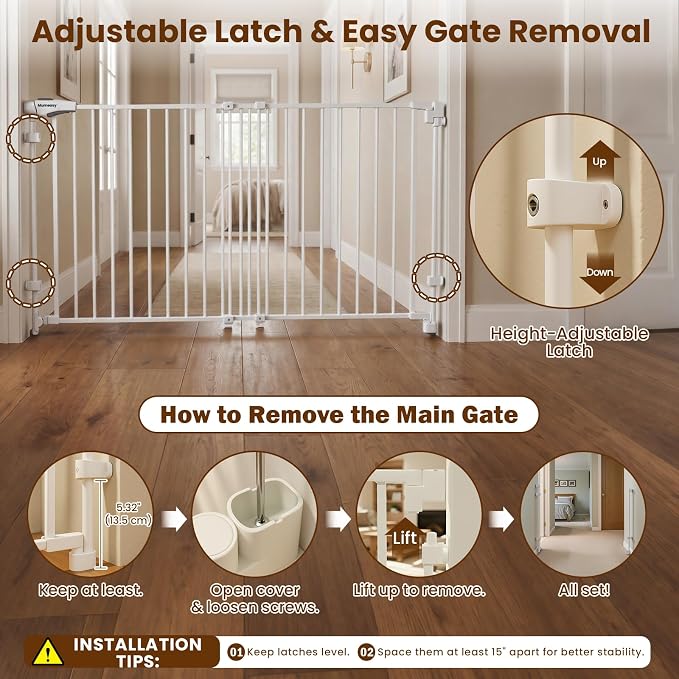 Mumeasy 30" Tall Baby Gate for Stairs, 36.2-55.1" Expandable Hardware Mounted (Drill Needed), Removable No Bottom Bar Dog Gate, Auto Close Wide Walk Thru Safety Gate for Doorways, Pets& Toddlers,White