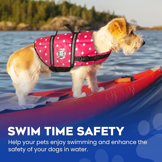Dog Life Jacket - Swimming Vest for Dogs, Adjustable, Reflective, Comfortable, Multiple Colors, Patterns, XX-Small to Extra Large Dog Swim Vest with Handle (Pink Polka Dot, Medium)