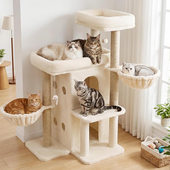 Heybly Cat Tree with Reinforced Big Base, 41.3 in Sturdy Cat Tower HCT075MJ | Indoor Cat Furniture Featuring 2 Roomy Platforms, Double Condos, 2 Cozy Baskets, Full Sisal Scratching Posts, Beige