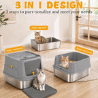 Stainless Steel Cat Litter Box with Lid, XL Enclosed Metal Litter Box for Indoor Cats, Odor Control Covered Cat Litter Box with High Sides, Litter Mat and Scoop Included, Grey