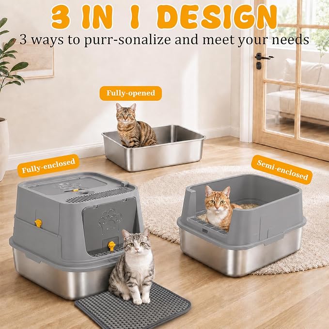 Stainless Steel Cat Litter Box with Lid, XL Enclosed Metal Litter Box for Indoor Cats, Odor Control Covered Cat Litter Box with High Sides, Litter Mat and Scoop Included, Grey