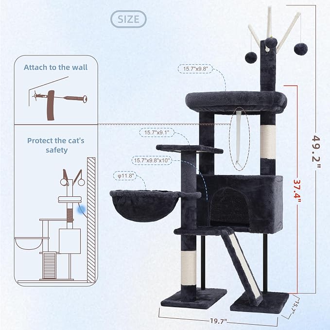 Gitelsnour Cat Tree Tower for Indoor Cats, Top Platform with Toy, GCT006SG | 49.2 inch Cat Condo House, Sturdy Base, Scratching Post & Board, 3 Balls, Hanging Basket, Small Cats and Kittens, Drak Gray