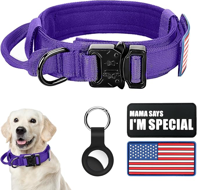Tactical Military Dog Collar - Adjustable Nylon, Heavy Duty Metal Buckle With Handle for Training, With Patches (Purple, L)