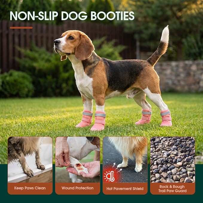 Dog Shoes, Non-Slip Dog Booties for hot Pavement, 4Pcs Pink 4# | Waterproof TPE Sole, Breathable Dog Boots with Reflective Straps, Idear for Hardfloors, Outdoor, Small Medium Paw Protectors