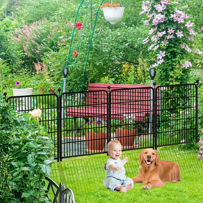 Getlay Garden Fence with Gate 36 in(H)×27 in(L) 4 Panels, Heavy Duty Iron Animal Barrier Fence, Rabbit Fence for Garden, Suitable for Indoor Pet Or Outdoor Dog Fencing, Total 8.9 Ft(L), Black