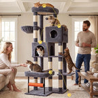 Hey-brother Cat Tree Tower with Stable L-Shaped Widen Base, Condo, MPJ086G | 68.5 Inches Multi-Level Furniture with 2 Platforms, 11 Scratching Posts, Hammock and Toys Ball for Indoor Cats, Smoky Gray