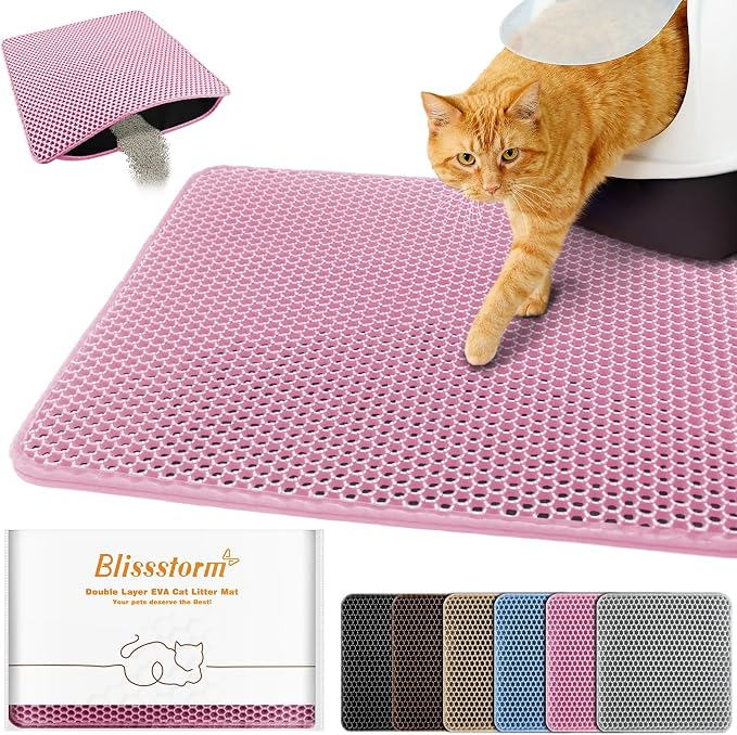 Cat Litter Mat 16"x20",Double Layer EVA litterbox Mat, Pink | Waterproof honeycomb large grid, urine-proof and odor-free. Traps litter, easy cleanup,Washable, non-slip backing