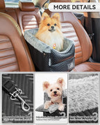 PETSFIT Dog Console Car Seat with Dual Adjustable Seat-Rail Anchor Hooks | Anti-Collapse Leather Armrest Booster Carseat with Safety Tether, Washable Cushion, Soft Pillow for Pets Under 8 lbs, Black