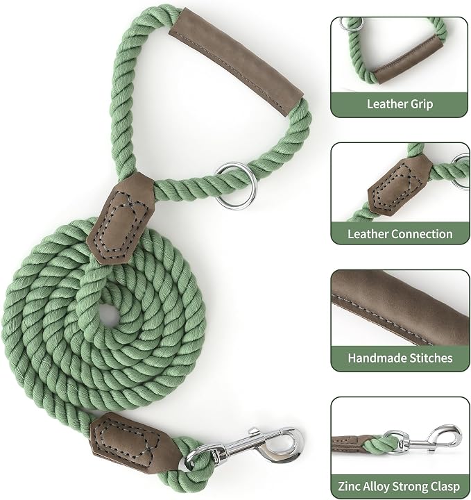 Mile High Life Dog Leash Braided Cotton Rope w/Leather-Wrapped Ends/Handle | Rust-proof 360° swivel clasp, Heavy-duty for medium/large breeds. Great for weddings, daily walks (6 FT, 1/2", Green)