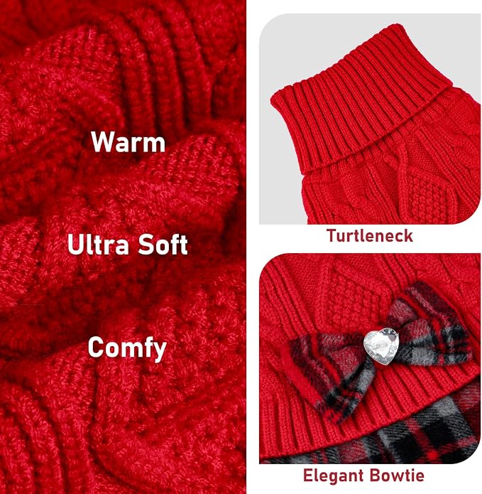 KYEESE Dog Sweater Dress Turtleneck Thick Knit Pullover for Cold Weather | Stretchy Fit, Lightweight & Warm, Cozy Knit Comfort, Cute Bow Accent, Gentle on Sensitive Skin, Comfortable Daily Wear