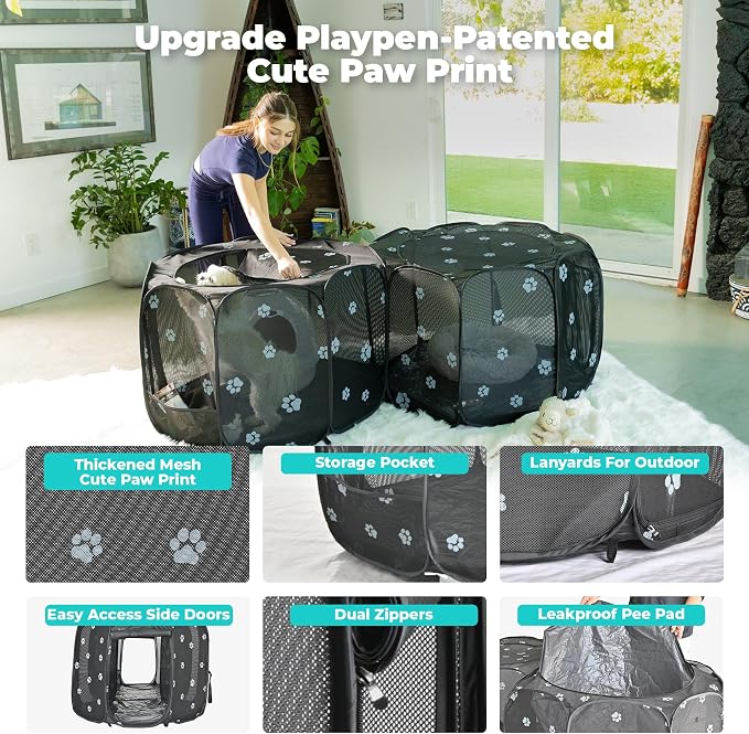 2-in-1 Cat Playpen, Pop Up Dog Pet Playpen for Indoor Outdoor Cats Enclosed, Portable Pet Playpen, Kitten Puppy Foldable Play Pen Cat Dog Tent Crate Cage Kennel(No Divider, Unified Space)