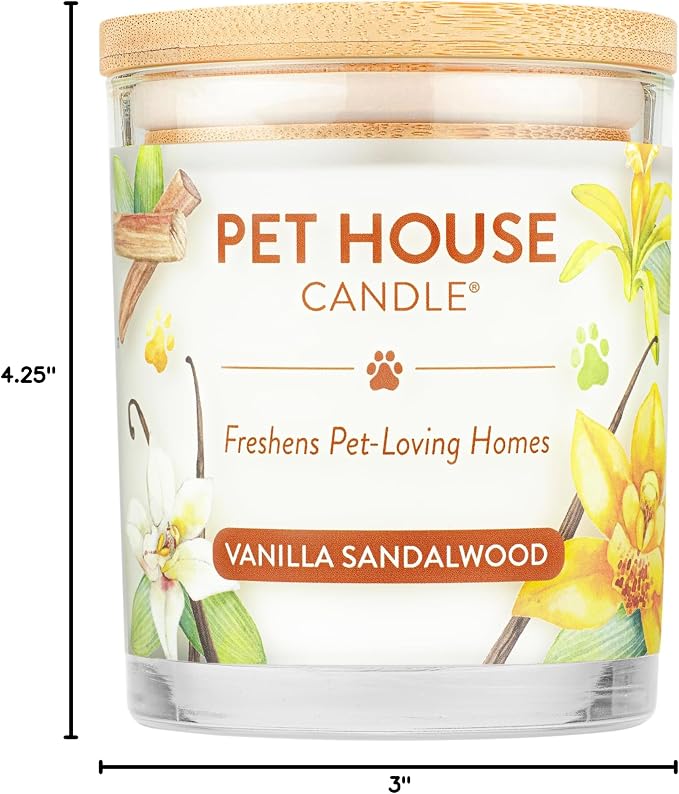 Pet House Candle Plant-Based/Soy - Clean Burning Scented, Long Lasting Pet Odor Candle for Home - Vanilla Sandalwood