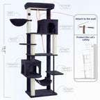 Gitelsnour Cat Tree, Cat Tower with Sturdy Steel Tube, Large Perch GCT024G | 70.5'' Cat Furniture with Scratching Post, Hammock, Basket and Big Platform for Indoor Cats Large Adult, Drak Gray