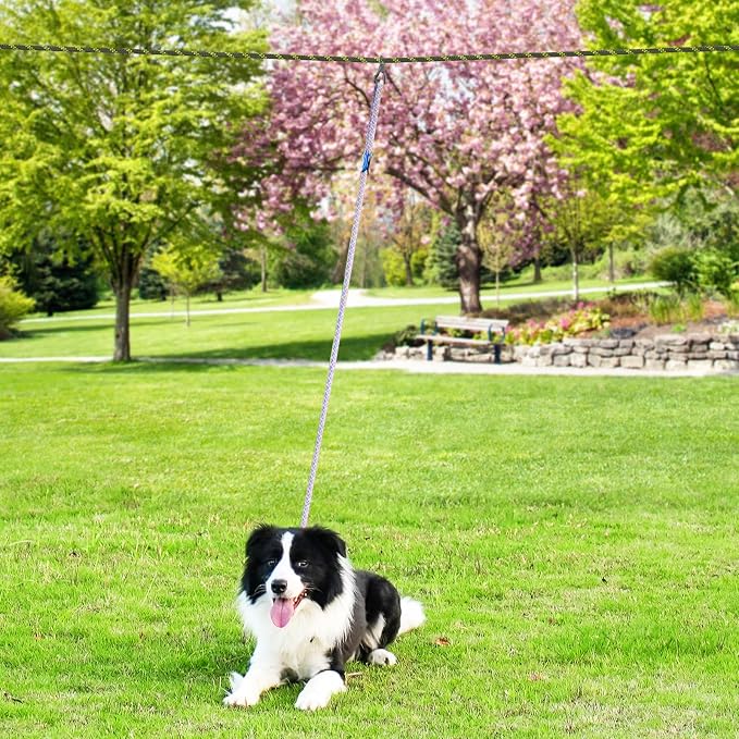 XiaZ Dog Tie Out Cable for Camping, 100ft Portable Overhead Trolley System for Dogs up to 200lbs，Dog Lead for Yard, Camping, Parks, Outdoor Events,5 min Set-up