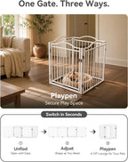 No Pawblems Full Metal Free Standing Dog Gate with Door, 30'' Tall | Foldable Freestanding Pet Gate for Indoor & Outdoor, Up to 104 Inch Extra Wide Dog Fence for Doorways, Stairs, Deck - White