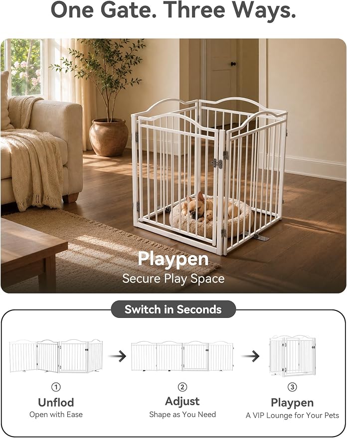 No Pawblems Full Metal Free Standing Dog Gate with Door, 30'' Tall | Foldable Freestanding Pet Gate for Indoor & Outdoor, Up to 104 Inch Extra Wide Dog Fence for Doorways, Stairs, Deck - White