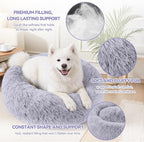 Calming Donut Dog Bed for Medium Dogs, Ultra Soft Fluffy Anti Anxiety Pet Bed, Plush Round Washable Dog Bed with Raised Rim for Corgi, French Bulldog, Shiba Inu & Indoor Pets (Light Grey, 28 Inch)